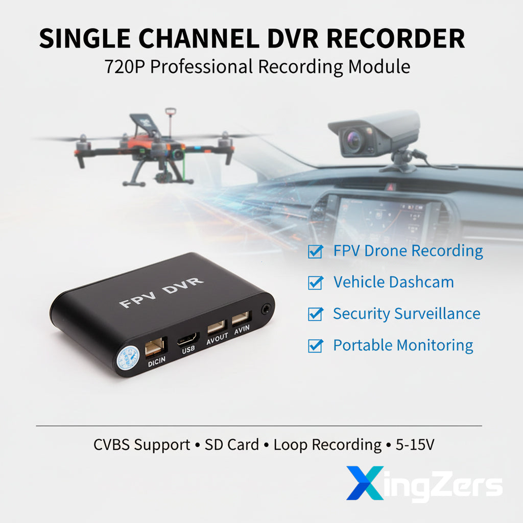 XingZers Single Channel FPV DVR Recorder Module 720P - Professional recording solution for FPV drones, vehicle dashcam, security surveillance and portable monitoring with CVBS analog support, SD card storage and 5-15V wide voltage compatibility