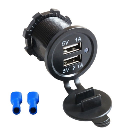 XingZers XZS-VC-A01 Dual USB Panel Mount Vehicle Charger 5V/1A + 5V/2.1A with blue insulated wire connectors