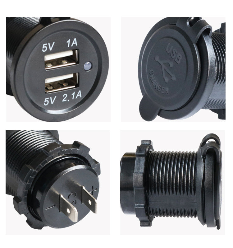 XingZers XZS-VC-A01 Dual USB Charger multi-angle view showing threaded panel mount body and dual USB ports