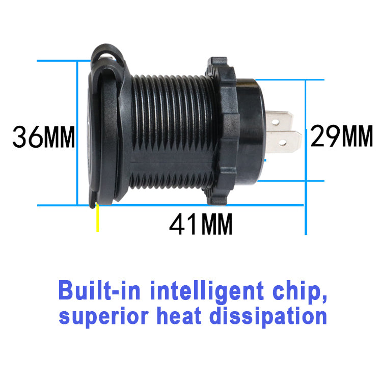 XingZers XZS-VC-A01 Dual USB Panel Mount Charger dimension diagram: 36mm outer diameter, 29mm body, 41mm total length, built-in intelligent chip