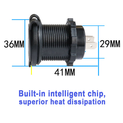 XingZers XZS-VC-A01 Dual USB Panel Mount Charger dimension diagram: 36mm outer diameter, 29mm body, 41mm total length, built-in intelligent chip