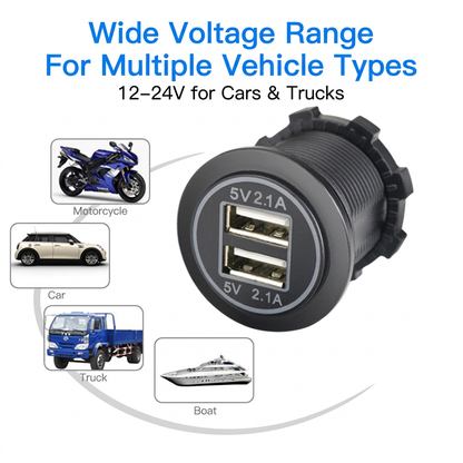 XingZers Dual USB-A Panel Mount Retrofit Charger 12–24V 4.2A with Dual LED Rings for Car, Motorcycle, RV & Boat