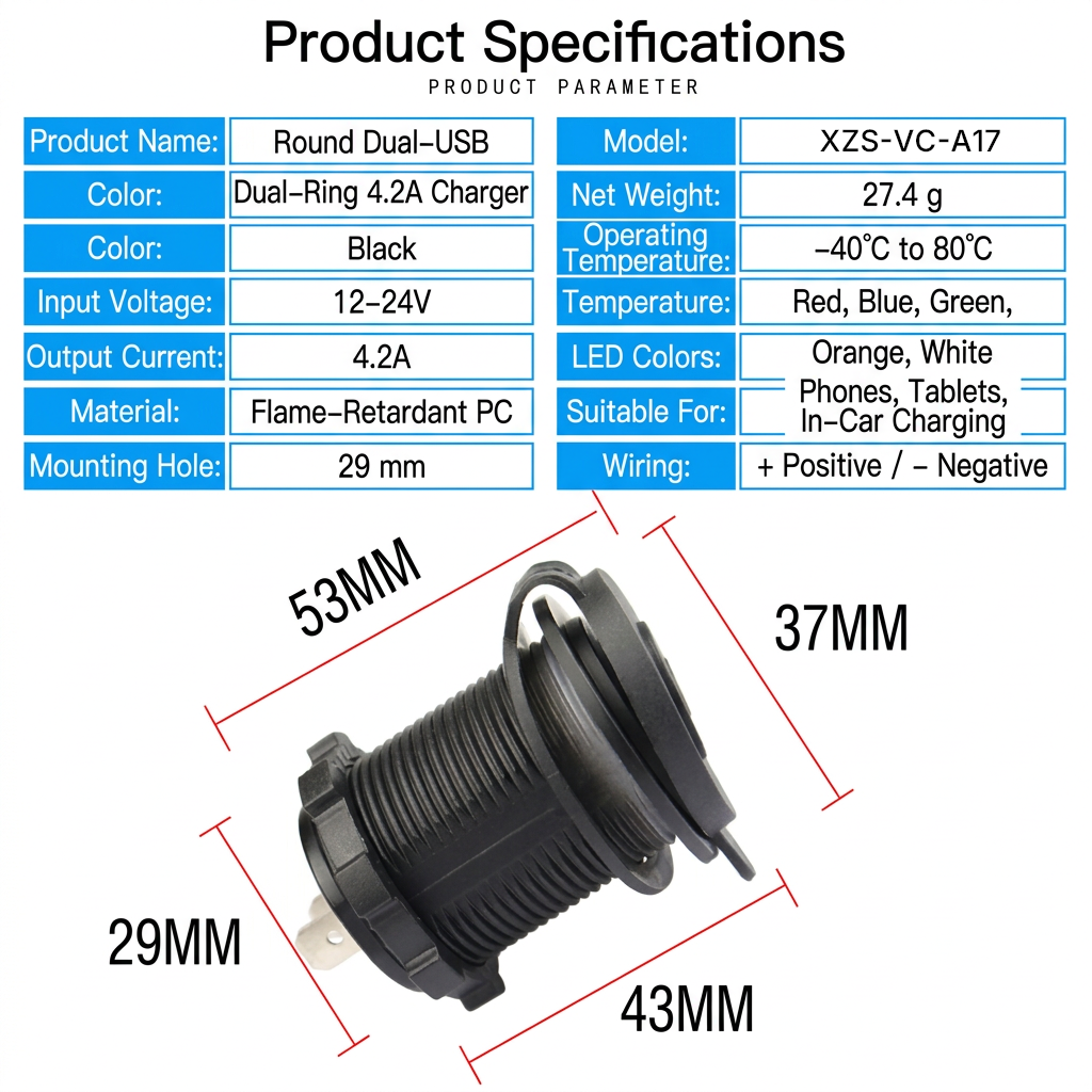 XingZers Dual USB-A Panel Mount Retrofit Charger 12–24V 4.2A with Dual LED Rings for Car, Motorcycle, RV & Boat - 产品详情图 6