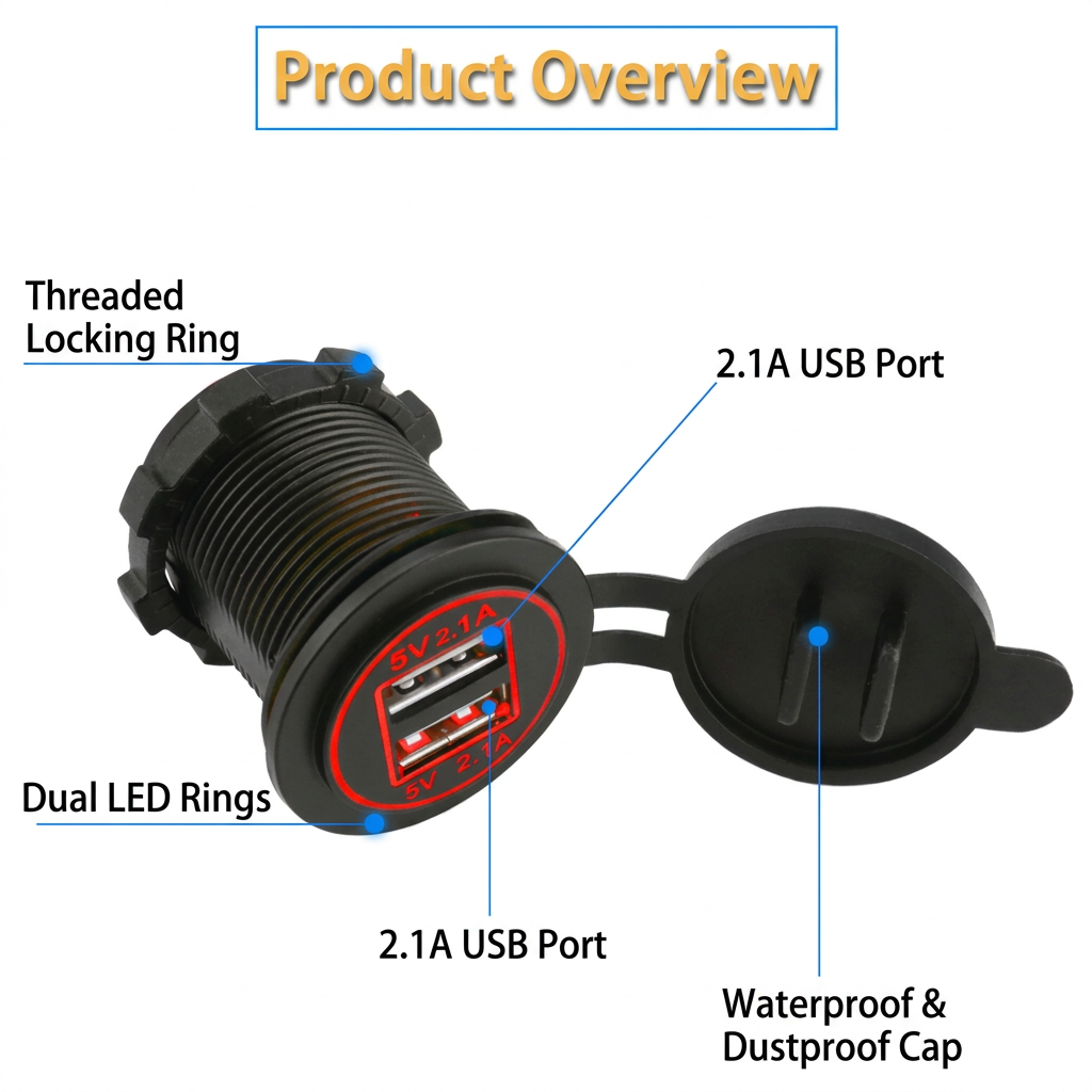 XingZers Dual USB-A Panel Mount Retrofit Charger 12–24V 4.2A with Dual LED Rings for Car, Motorcycle, RV & Boat - 产品详情图 3