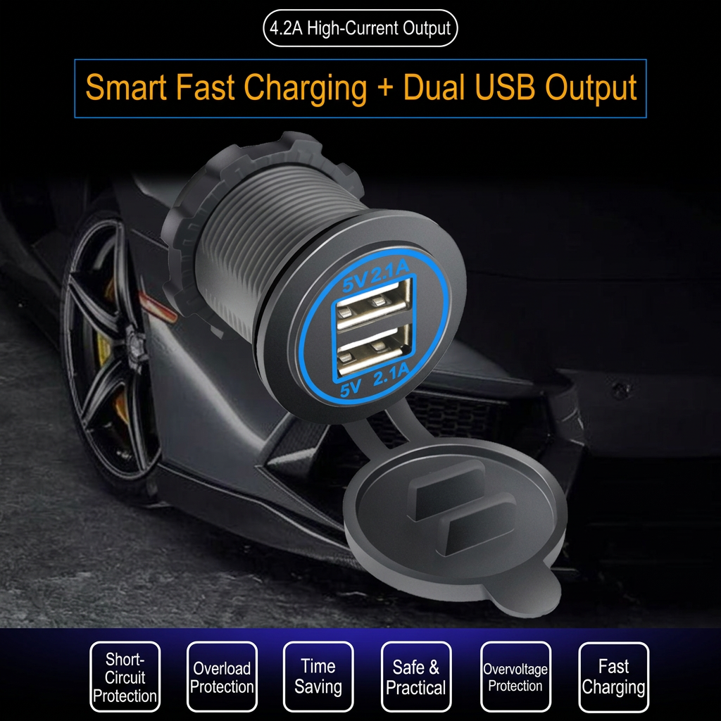 XingZers Dual USB-A Panel Mount Retrofit Charger 12–24V 4.2A with Dual LED Rings for Car, Motorcycle, RV & Boat - 产品详情图 1