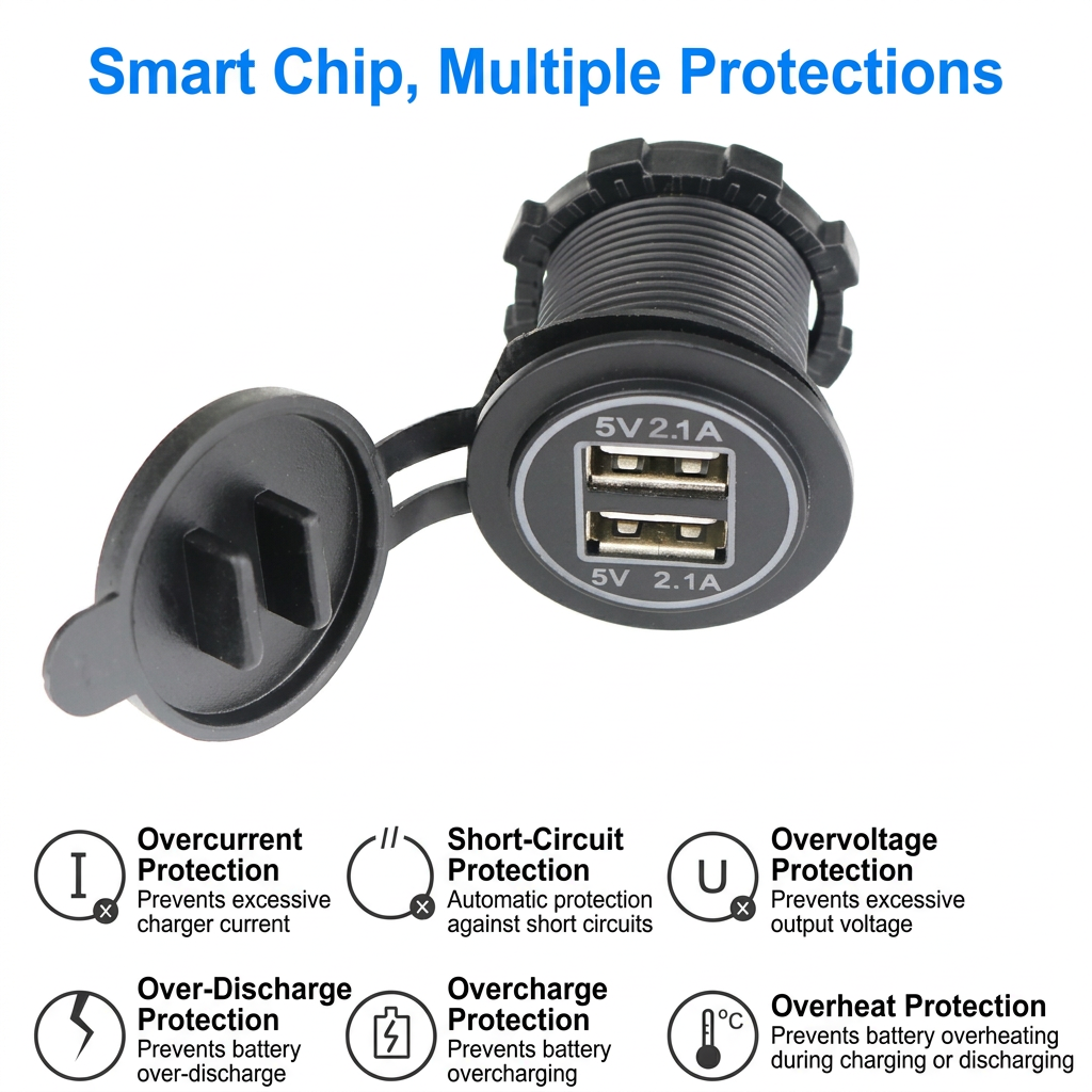 XingZers Dual USB-A Panel Mount Retrofit Charger 12–24V 4.2A with Dual LED Rings for Car, Motorcycle, RV & Boat - 产品详情图 5