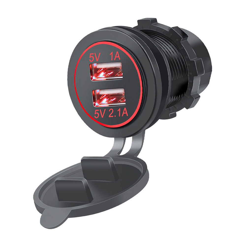 XingZers XZS-VC-A19 Dual USB Panel Mount Car Charger with Red LED Ring – Front View
