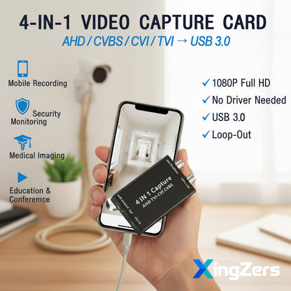 XingZers 4-in-1 AHD CVBS CVI TVI to USB 3.0 Video Capture Card 1080P Driver-Free Plug and Play OBS Compatible for Security Camera Medical Imaging Mobile Recording