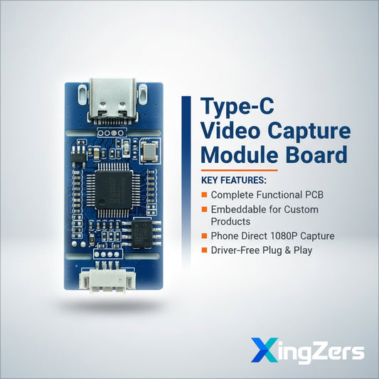 XingZers USB Type-C video capture module circuit board - blue PCB with analog AV CVBS to digital 1080P converter chip, Type-C connector, and white JST connector for Android OTG devices