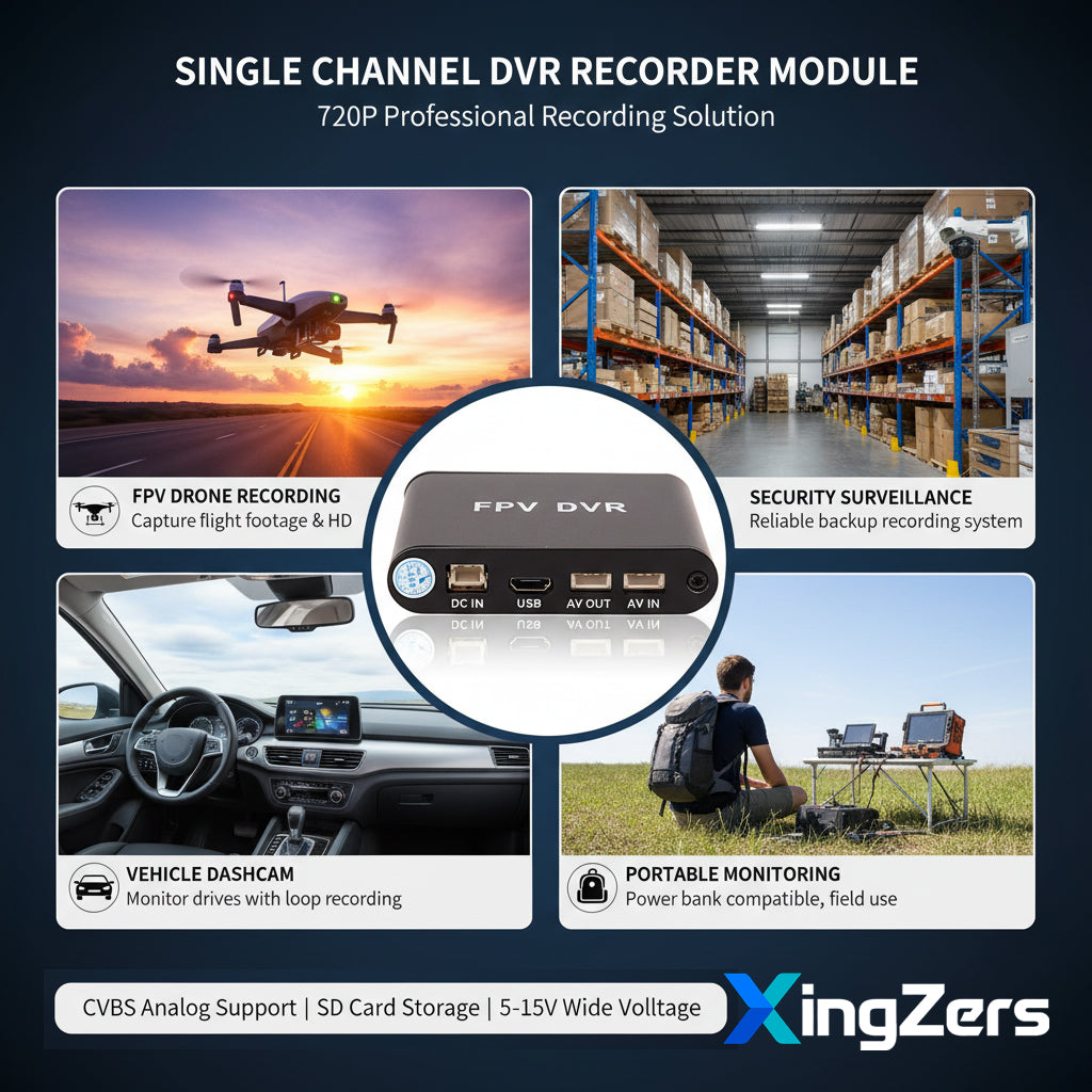 XingZers Single Channel FPV DVR Recorder Module 720P - Professional recording solution for FPV drones, vehicle dashcam, security surveillance and portable monitoring with CVBS analog support, SD card storage and 5-15V wide voltage compatibility
