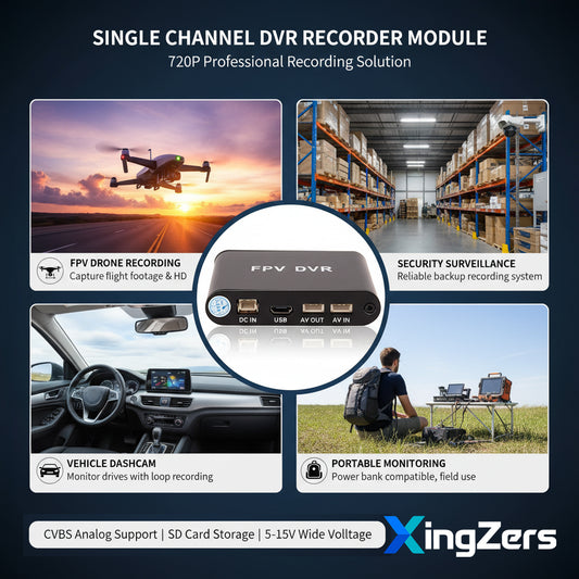 XingZers Single Channel FPV DVR Recorder Module 720P - Professional recording solution for FPV drones, vehicle dashcam, security surveillance and portable monitoring with CVBS analog support, SD card storage and 5-15V wide voltage compatibility
