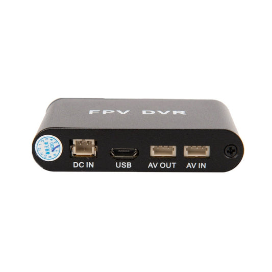XingZers FPV DVR Recorder technical specifications - 720P HD recording, CVBS analog signal support, SD card storage, loop recording, 5-15V wide voltage, aluminum alloy housing with complete feature list