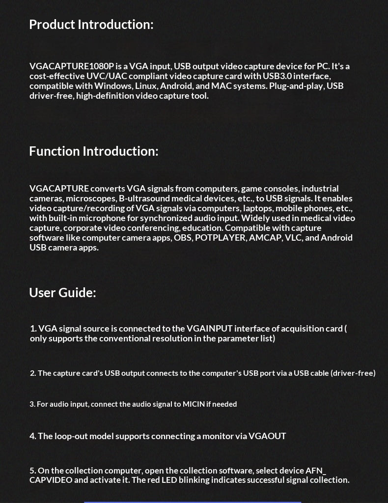 VGA to USB 3.0 Video Capture Card with Loop Out, 1080P 30FPS, Driver Free UVC UAC for Medical Imaging, Industrial Camera and Live Streaming - 产品详情图 8