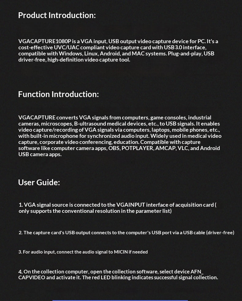 VGA to USB 2.0 Video Capture Card 1080P Driver Free with Audio Input for Medical Imaging Monitoring and Recording - 产品详情图 8
