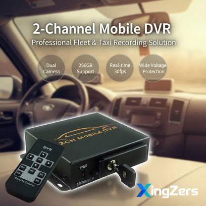 XingZers 2-Channel Taxi Vehicle DVR SD Card Recorder with dual camera ports and wide voltage protection
