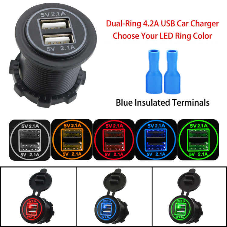 XingZers Dual USB-A Panel Mount Retrofit Charger 12–24V 4.2A with Dual LED Rings for Car, Motorcycle, RV & Boat